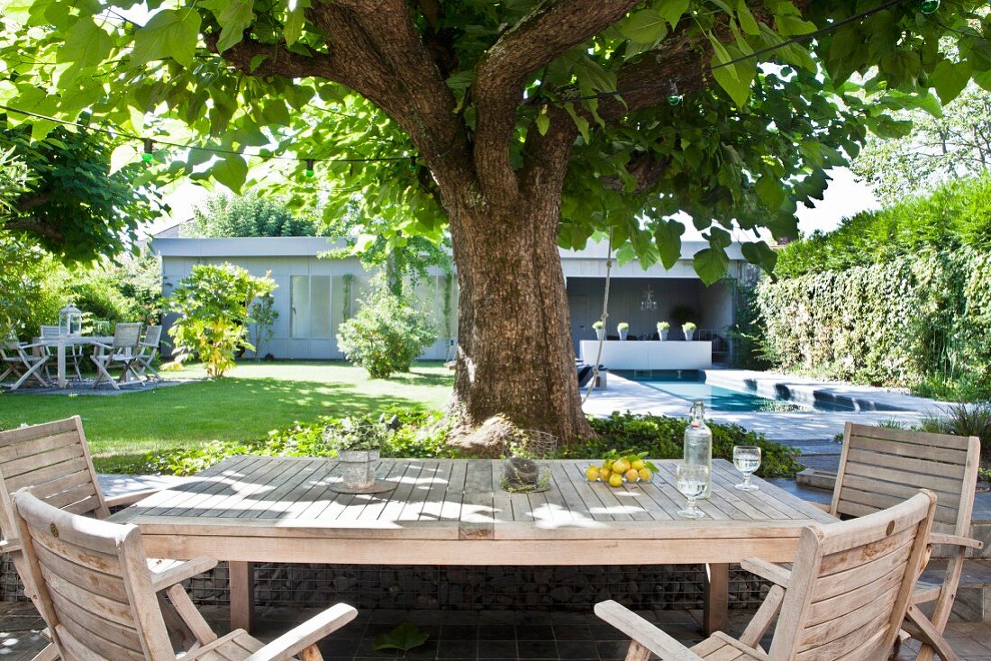 Sitzplatz im Garten unter einem Baum, Blick auf Pool und Bungalow