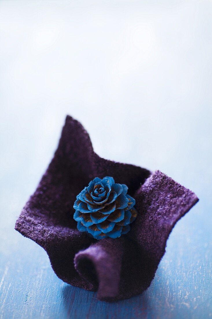 Blue-painted larch cone in fold of purple felt