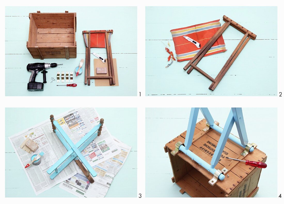 Instructions for making small cabinet from old wooden crate and folding stool