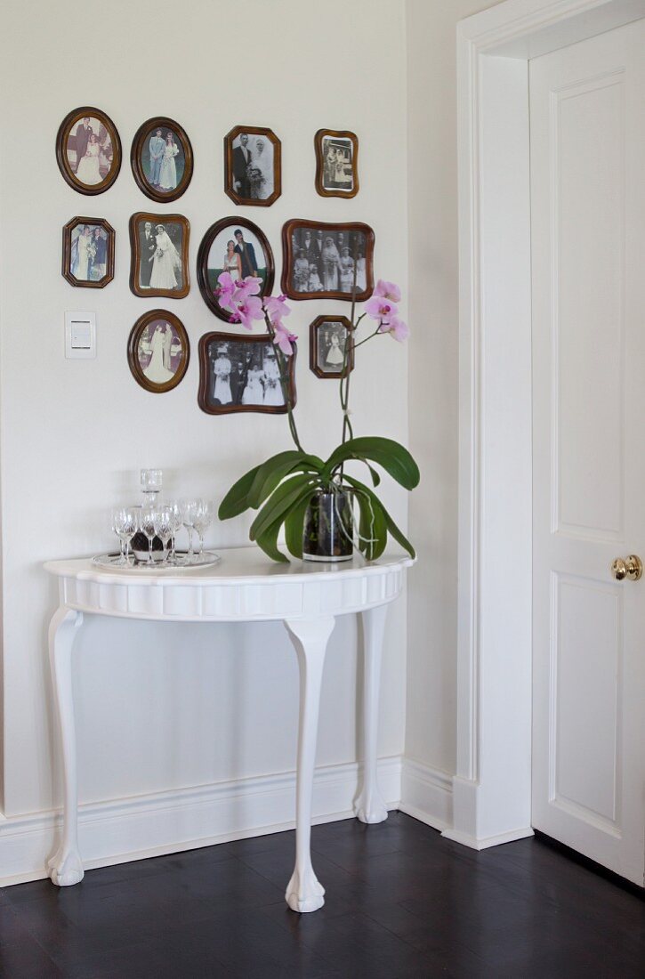 Orchidee auf weiss lackiertem Konsolentisch vor Wand mit gerahmten Fotogalerie