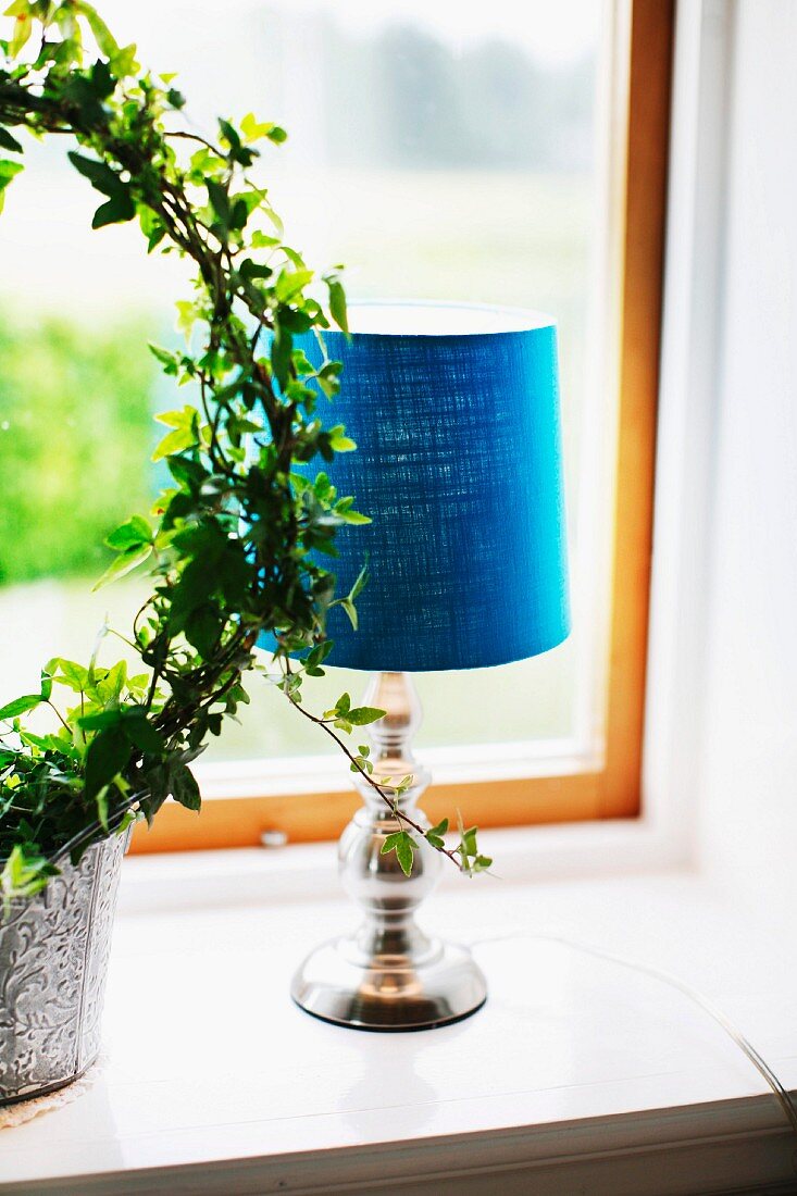 Tischleuchte mit blauem Stoffschirm neben Blumentopf mit gebogener Rankhilfe auf Fensterbank