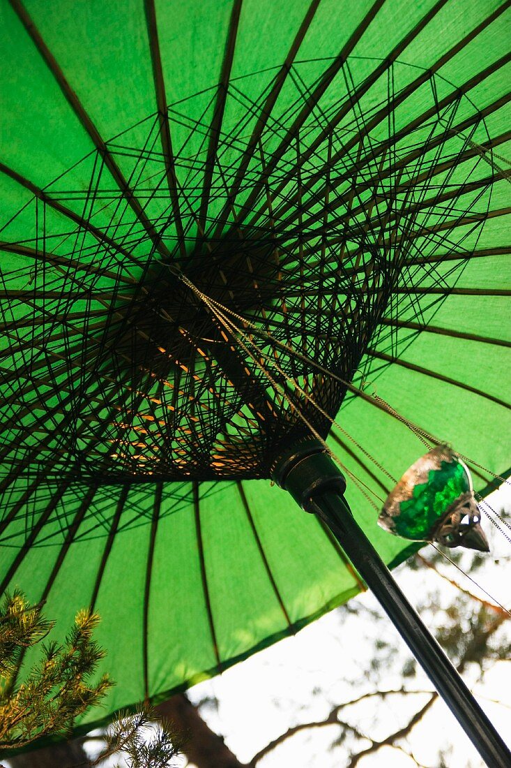 Aufgespannter Sonnenschirm aus grünem Stoff