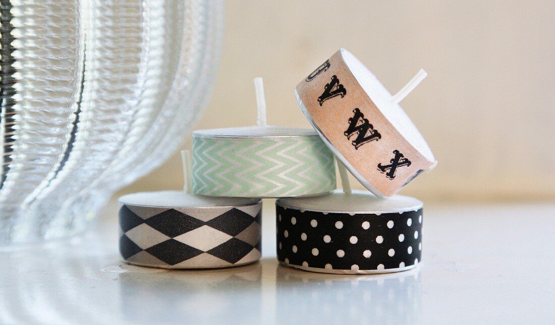 Tealights decorated with washi tape