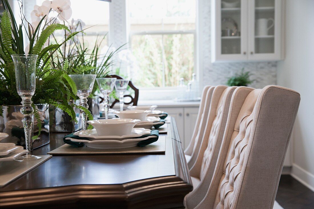 Topfpflanzen und Gedecke auf Tisch, davor helle gepolsterte Stühle in klassischem Esszimmer
