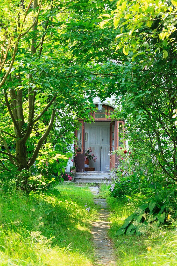 Trampelweg in verwildertem, sonnigem Garten - teilweise sichtbarer Hauseingang mit Windfang