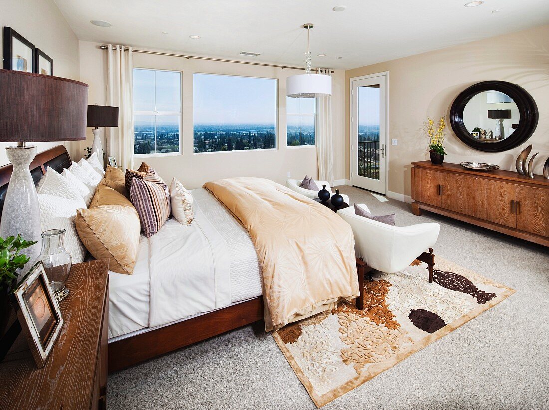 Interior of contemporary bedroom; Brea; California; USA
