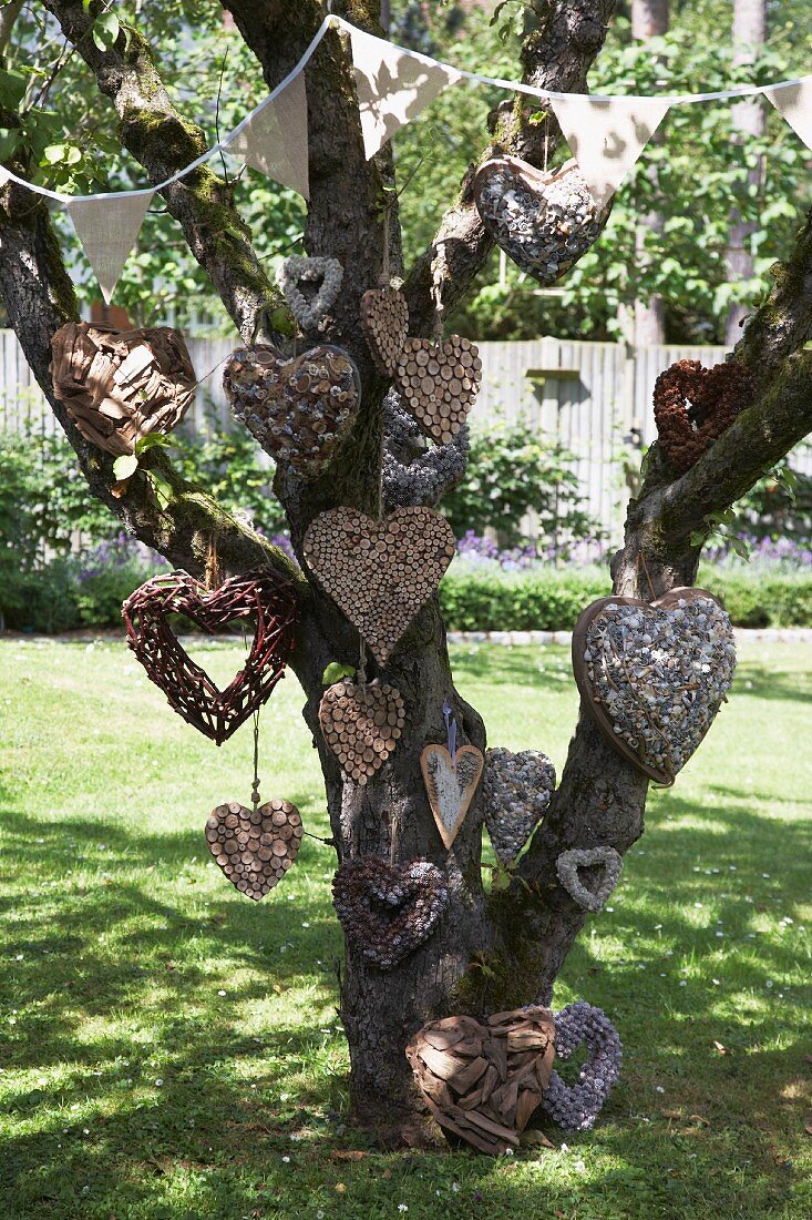 Various heart-shaped wreaths hanging on tree decorated with bunting in garden