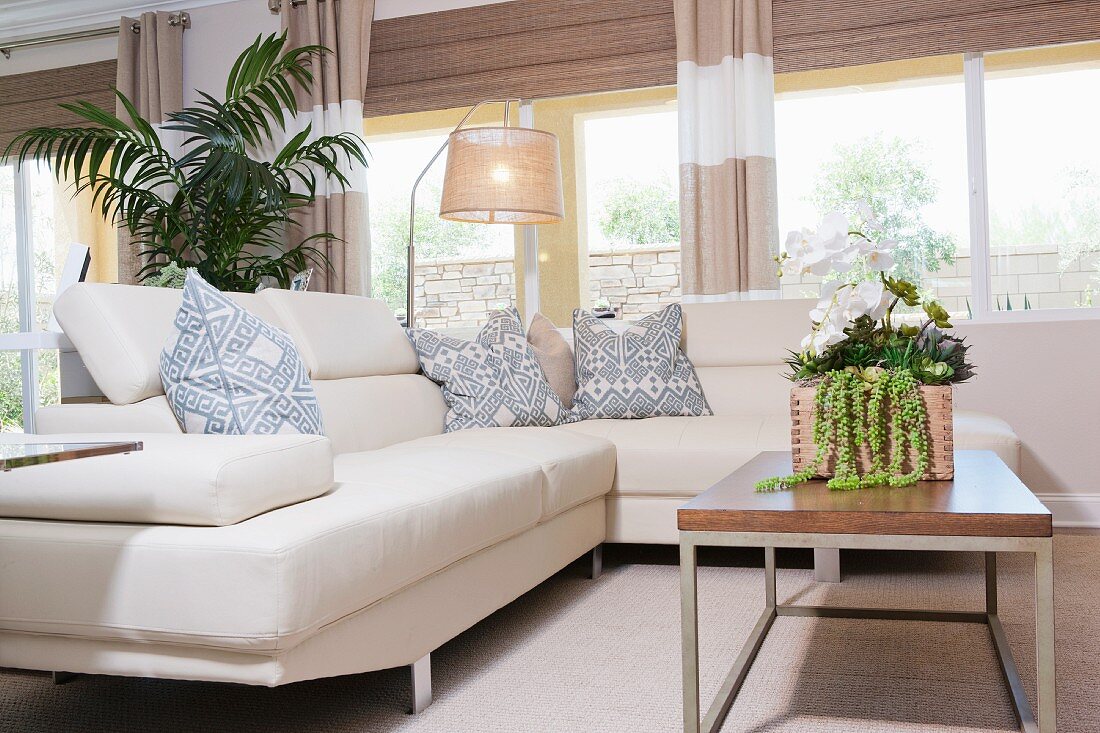 Corner sofa and coffee table in living room