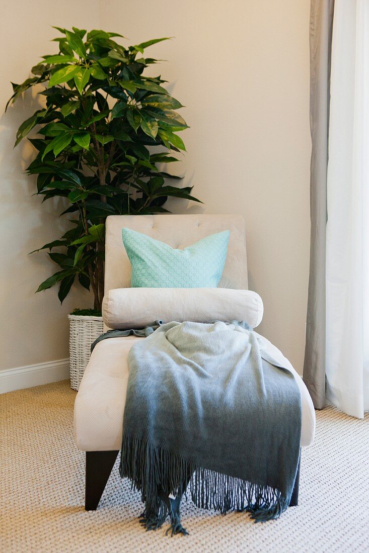 Grünpflanze & Loungesessel mit Kissen und Decke in Zimmerecke