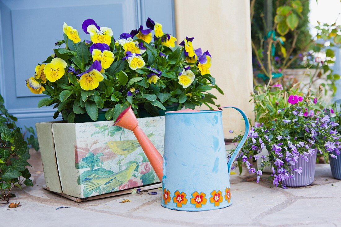 Watering can and flower pots on Balboa Island; California; USA