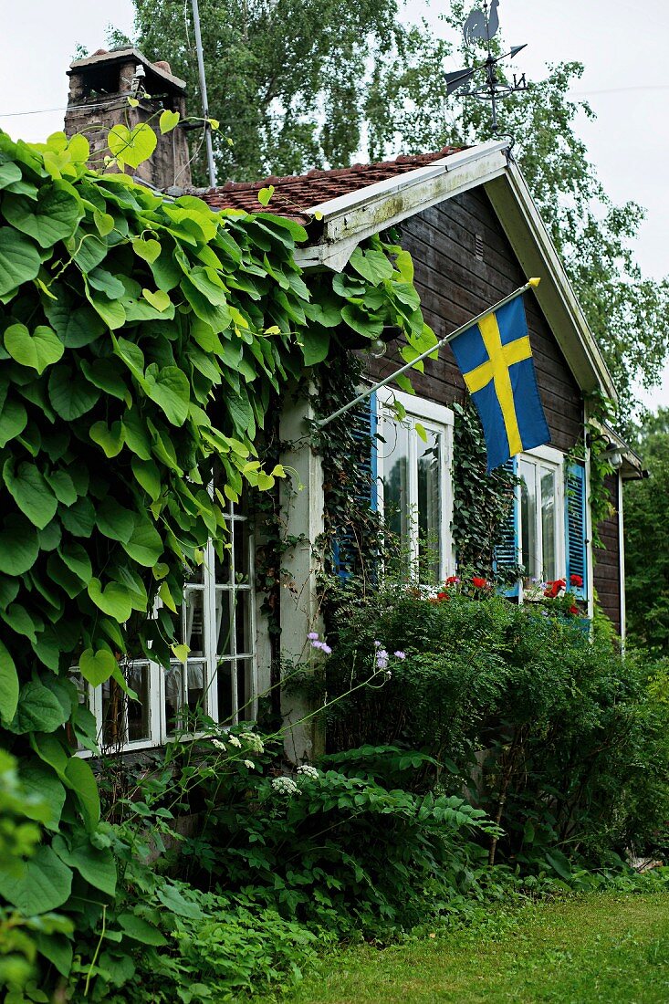 Rustikales Holzhaus mit schwedischer Fahne an der Fassade
