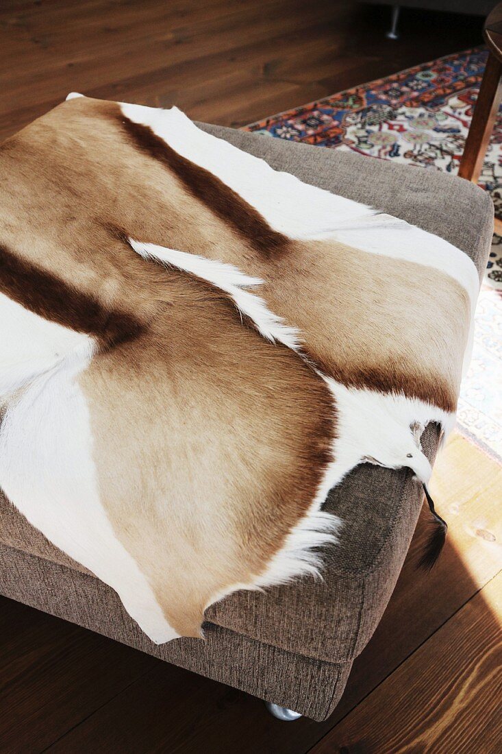 Animal-skin rug on pouffe