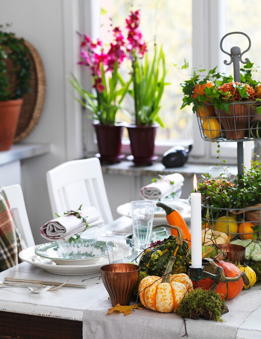 Herbstlich gedeckter Tisch mit Kürbisdeko, Etagere und Kerze