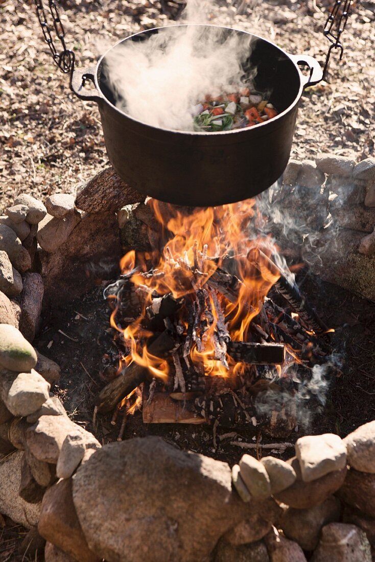 Über Feuerstelle und Lagerfeuer aufgehängter Kochtopf mit dampfendem Gemüseeintopf