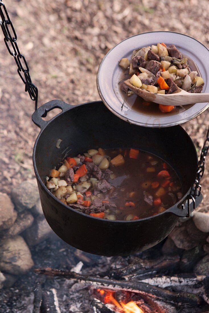 Meat stew in bowl and in iron cooking pot suspended over campfire