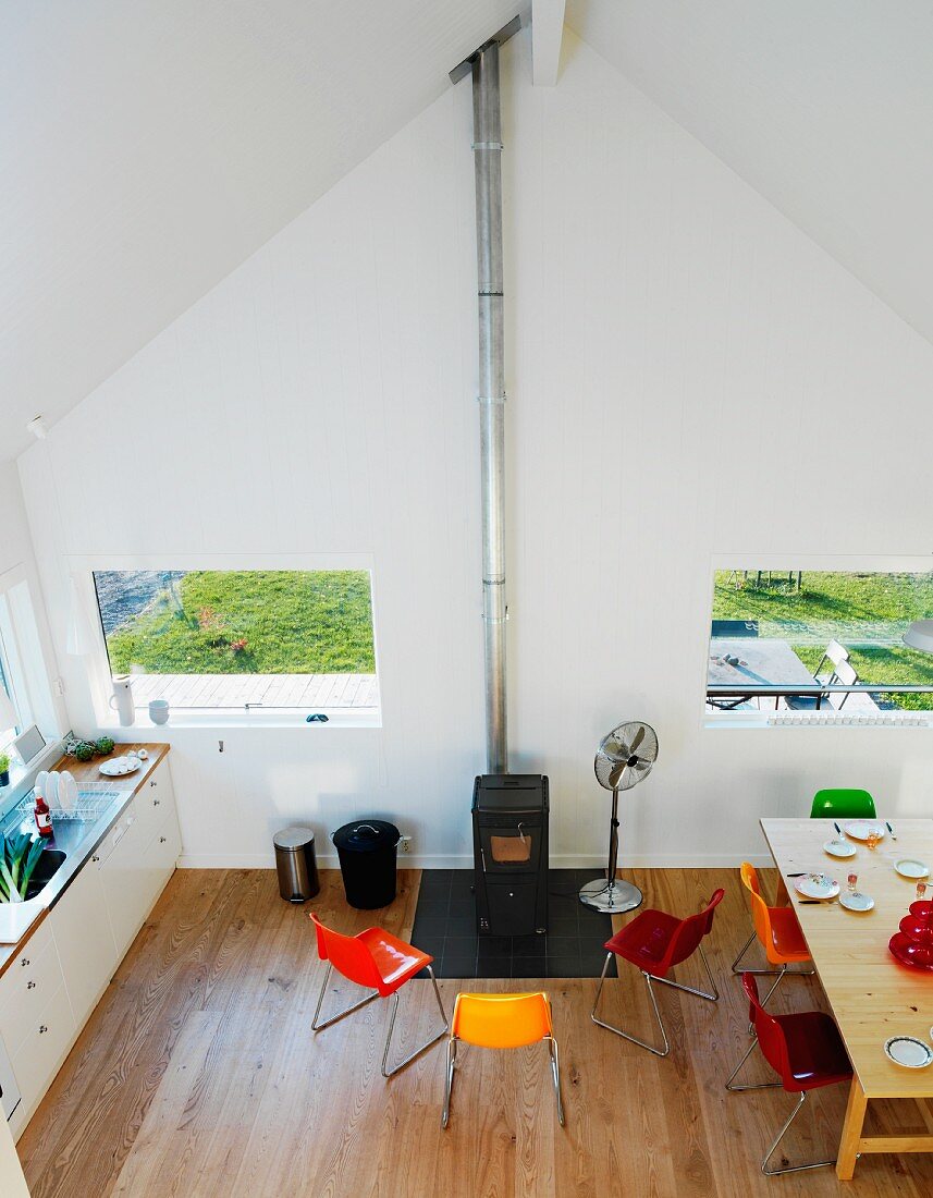 Blick von oben auf Küchenzeile, Essplatz mit bunten Schalenstühlen und den zwischen zwei Fenstern plazierten Schwedenofen
