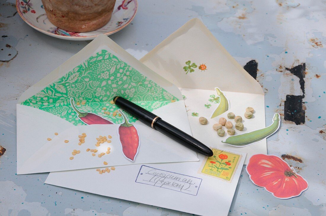 Gemüseamen in Briefumschlägen mit passenden Motiven aus Papier