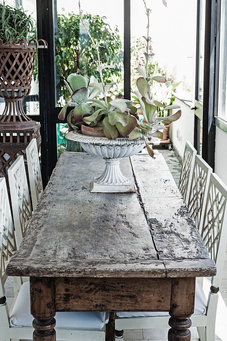 Bepflanzte Amphore auf rustikalem Holztisch und Stühle weiss lackiert in Loggia ähnlichem Raum