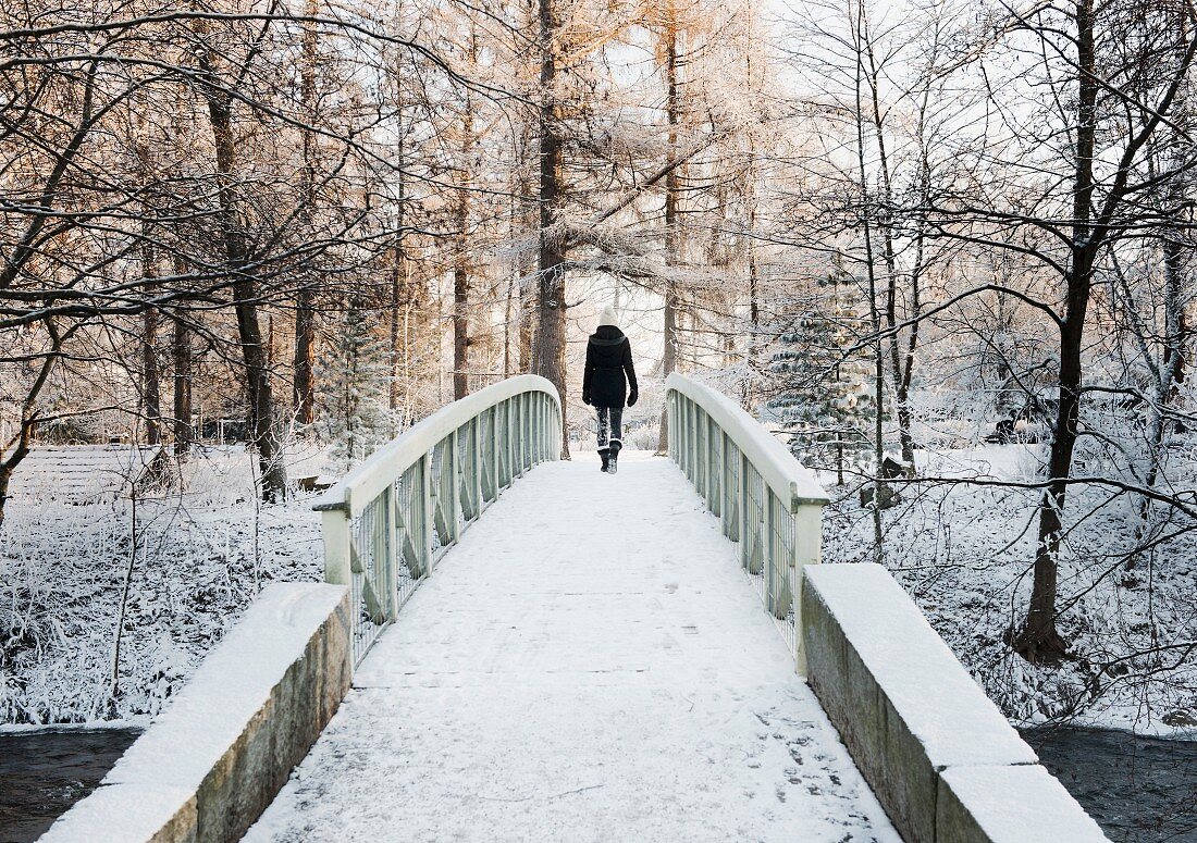 Rückenansicht einer Frau die eine schneebedeckte Brücke überquert