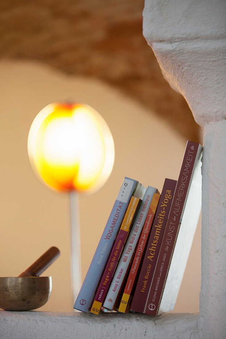 Row of books and singing bowl and striker on masonry surface with standard lamp in background