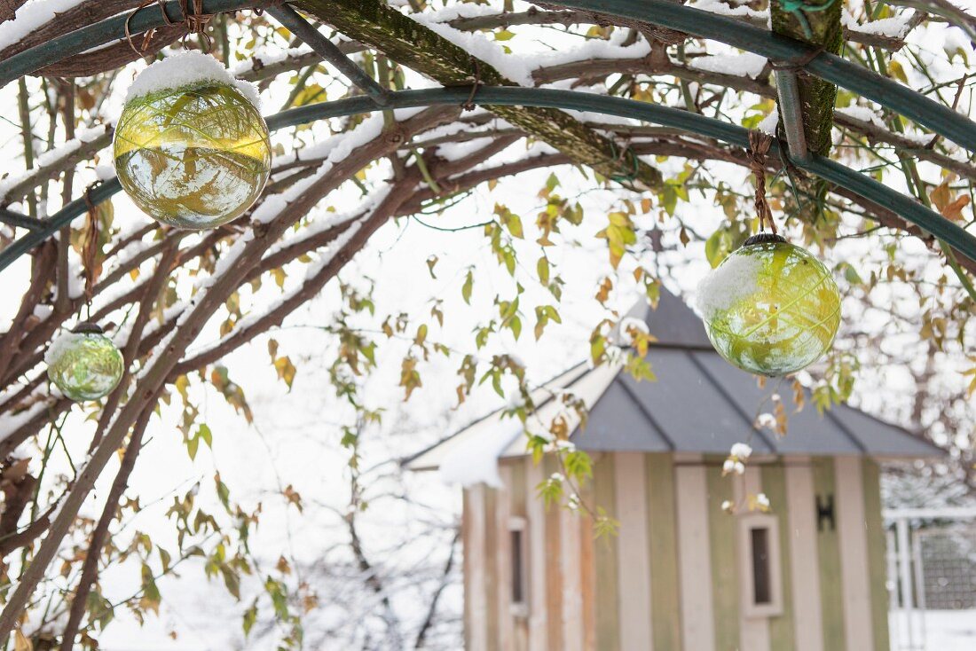 Delicate, green glass Christmas baubles hanging from arched trellis in front of striped summerhouse