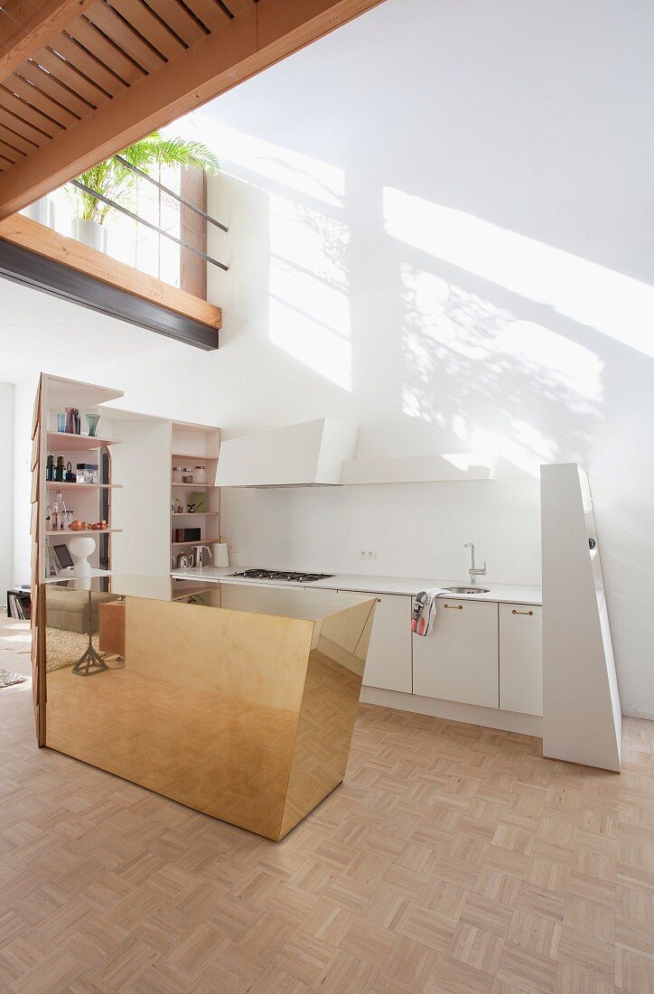 White designer kitchen with brass kitchen counter and gallery