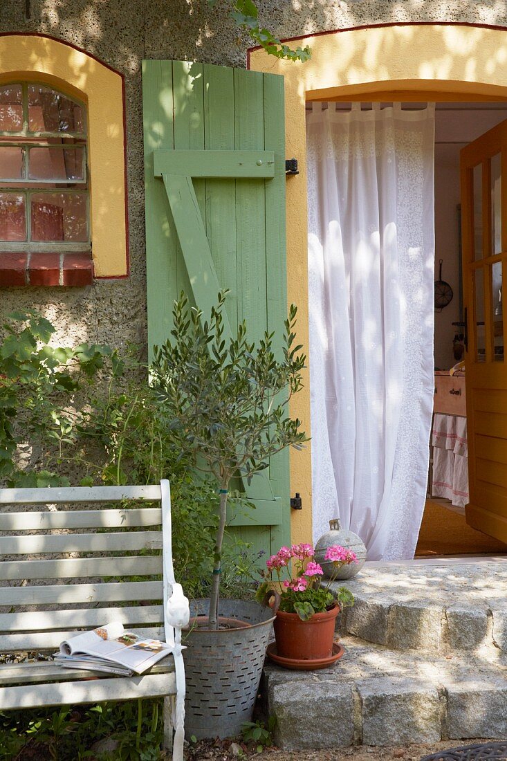 Eingangsstufen aus Granitsteinen, Bank und Olivenbäumchen vor Tür mit Klappladen und Vorhang in französischem Landhaus