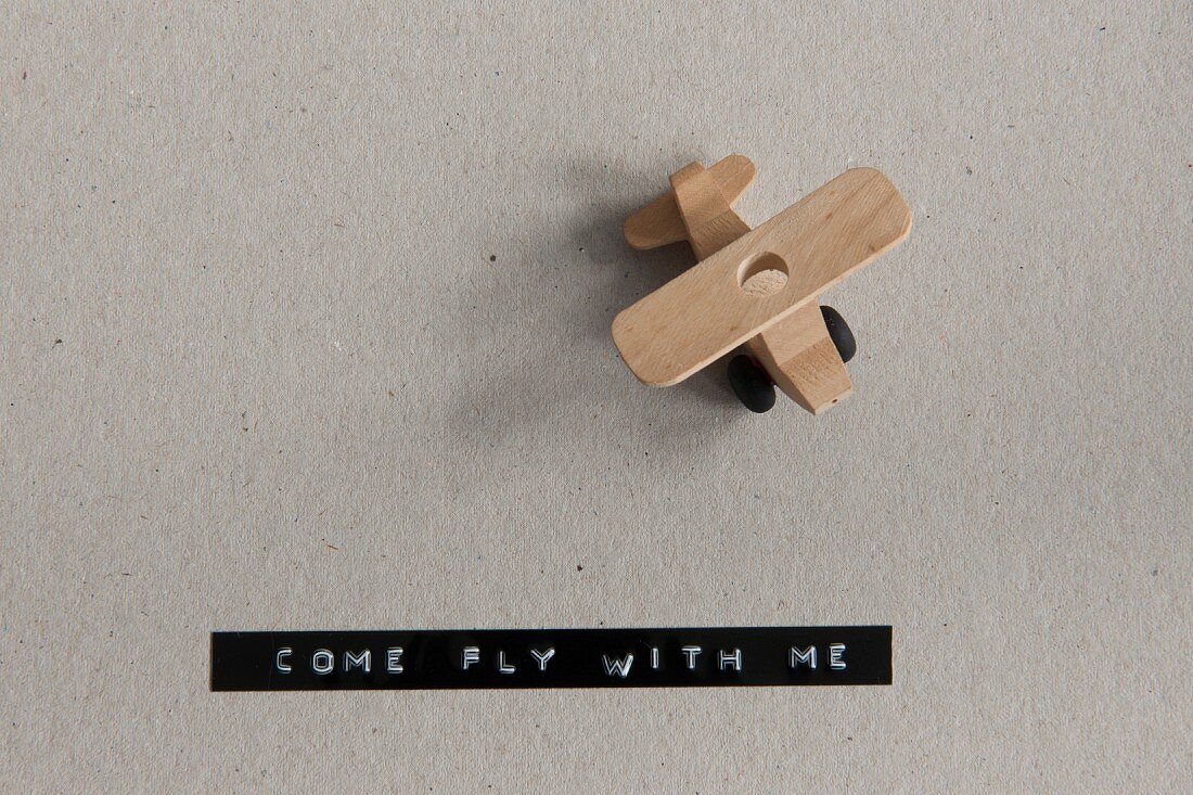 Spielzeug-Flieger aus Holz und ein mit dem Beschriftungsgerät hergestellter Klebestreifen mit Text -COME FLY WITH ME-