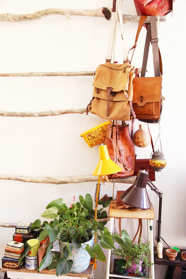 Leather bags hanging on rack made from branches above potted plants and desk lamps on stools