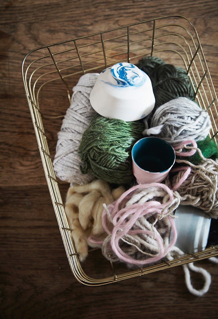 Yarn remnants in wire basket