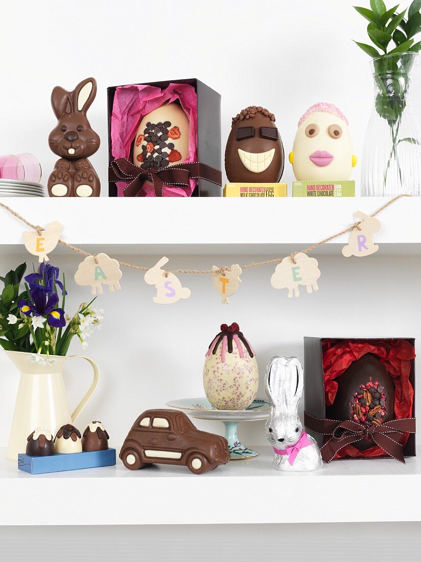 Various chocolate Easter treats on floating shelves