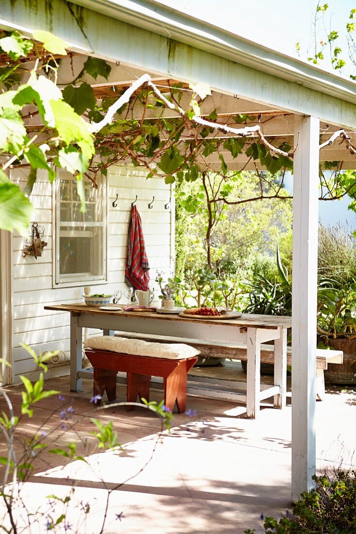 Blick vom Garten auf sonnige Terrasse mit berankter Pergola, rustikale Bank und Tisch vor weißem Holzhaus