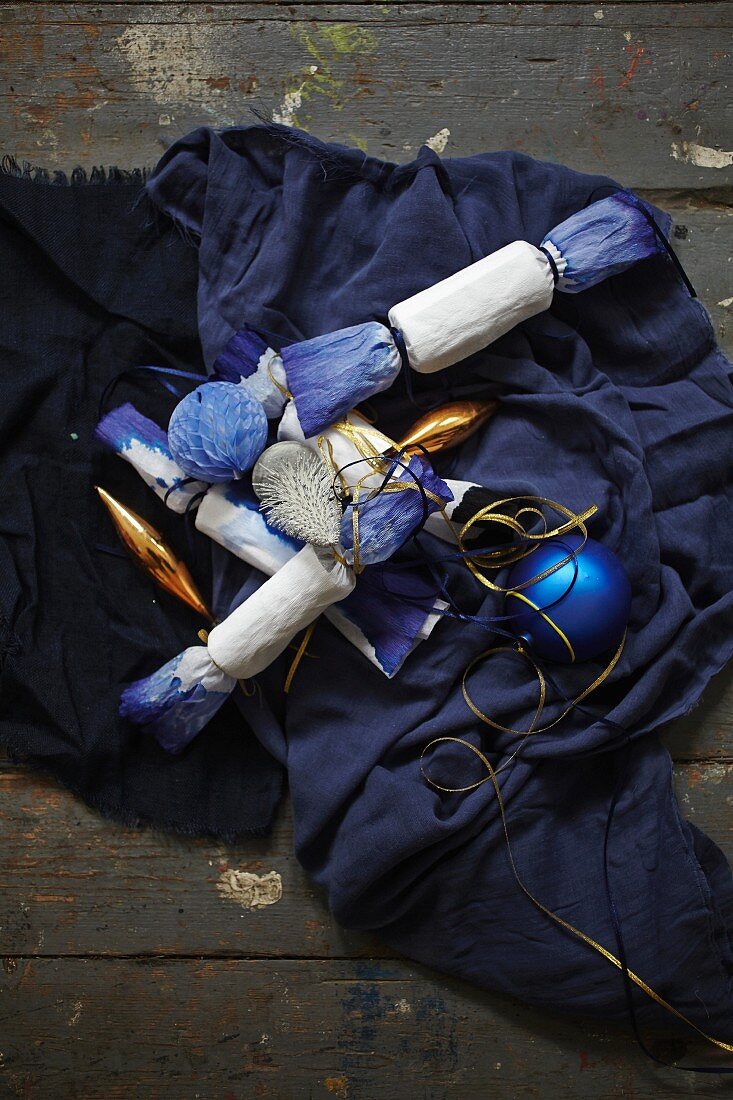 Christmas crackers made from hand-dyed paper