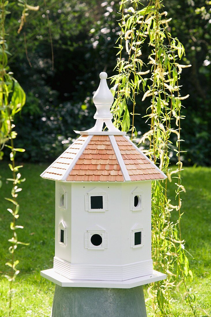 White bird nesting box in garden