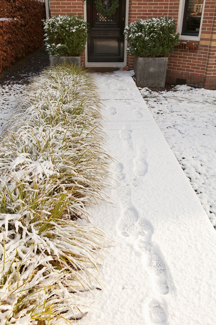 Verschneiter Weg mit Spuren im Schnee, im Hintergrund Haustür