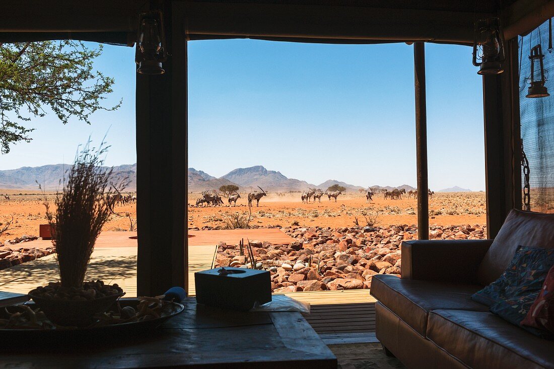 Wolwedans, NamibRand Privatreservat, Namibia, Afrika - Blick aus der Private Lodge zur Wasserstelle