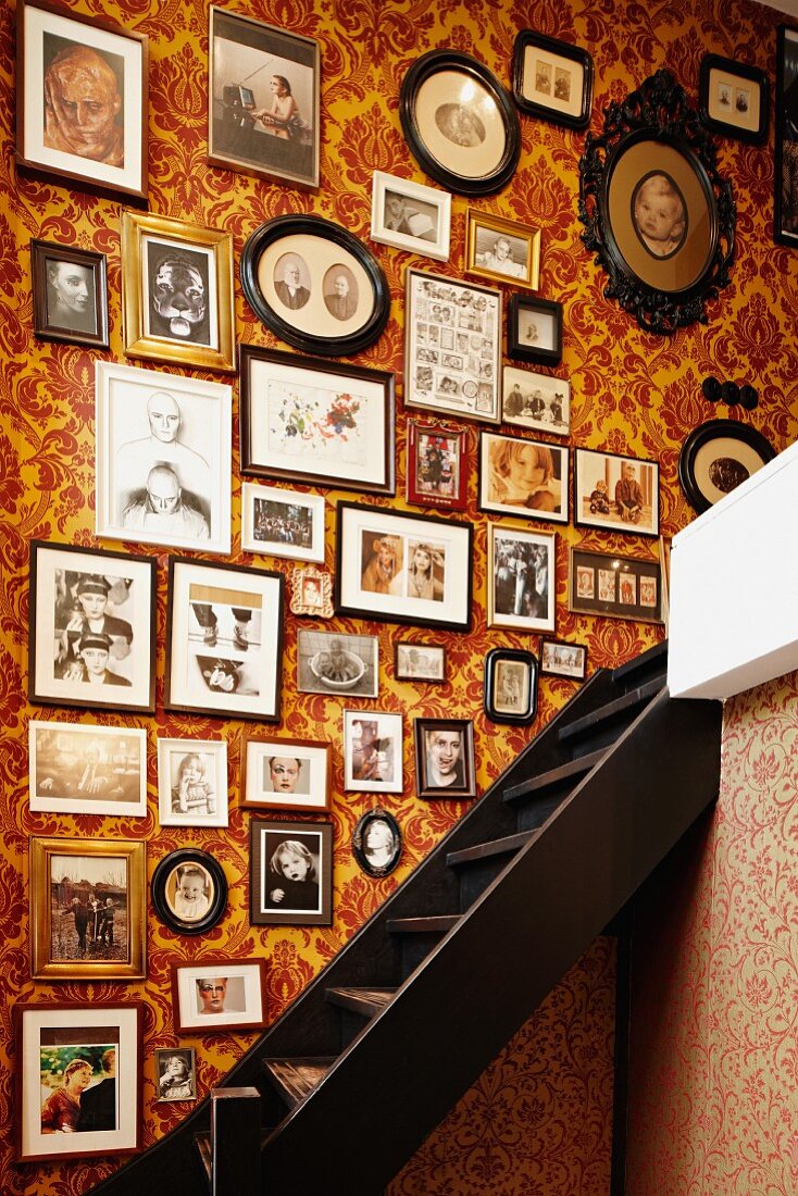 Collection of framed souvenir photos arranged on floral wallpaper alongside steep wooden staircase