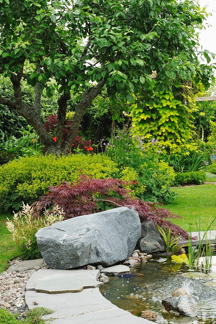 Pond with large boulder on edge in summery garden