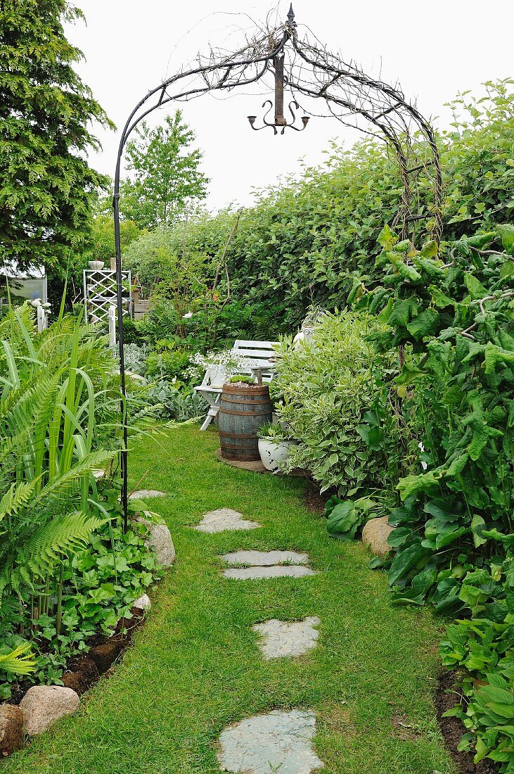 Metal trellis arch over grass path with stepping stones in garden