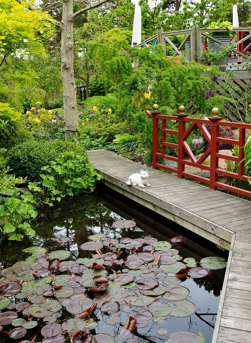 Cat ornament on wooden bridge with Oriental balustrade over lily pond