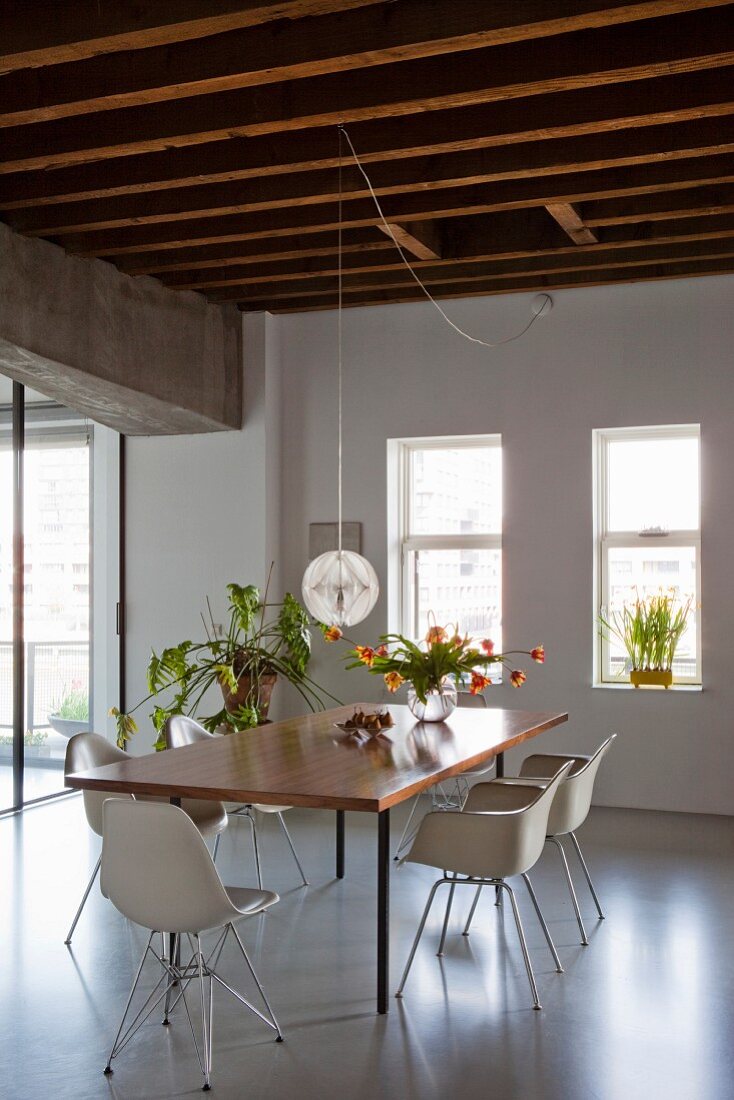 Dining set with classic chairs around table, house plants and vase of tulips in renovated loft apartment