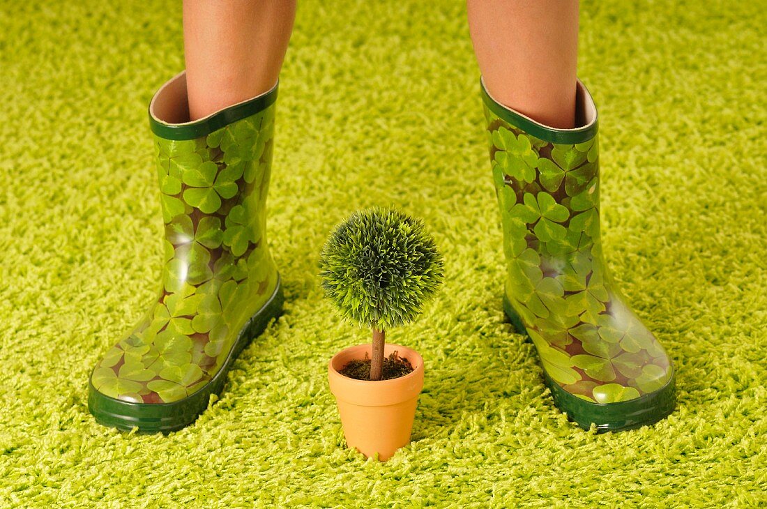 Frau mit Gummistiefeln auf grünem Teppich; davor eine kugelförmige Pflanze in einer Vase