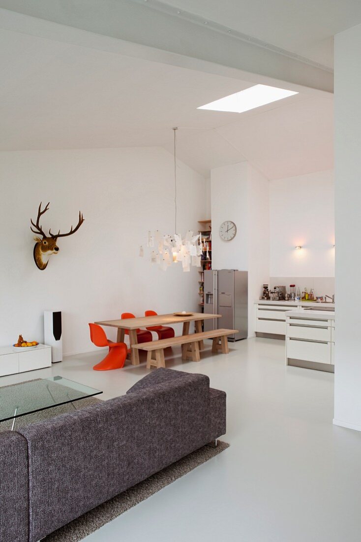 Modernes, minimalistisches Loft - Blick von Loungebereich auf Essplatz mit Hirschtrophäe und Zettel'z Leuchte von Ingo Maurer in offene Küche
