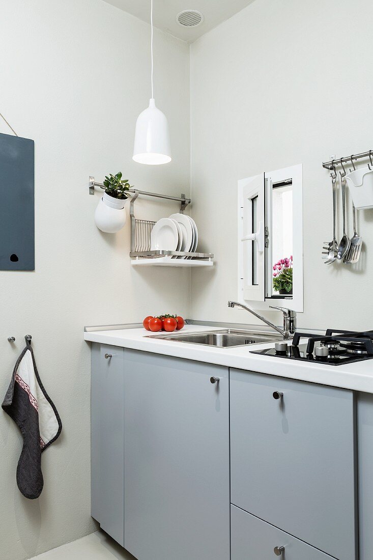 Pale grey kitchen counter below window and plate rack on wall