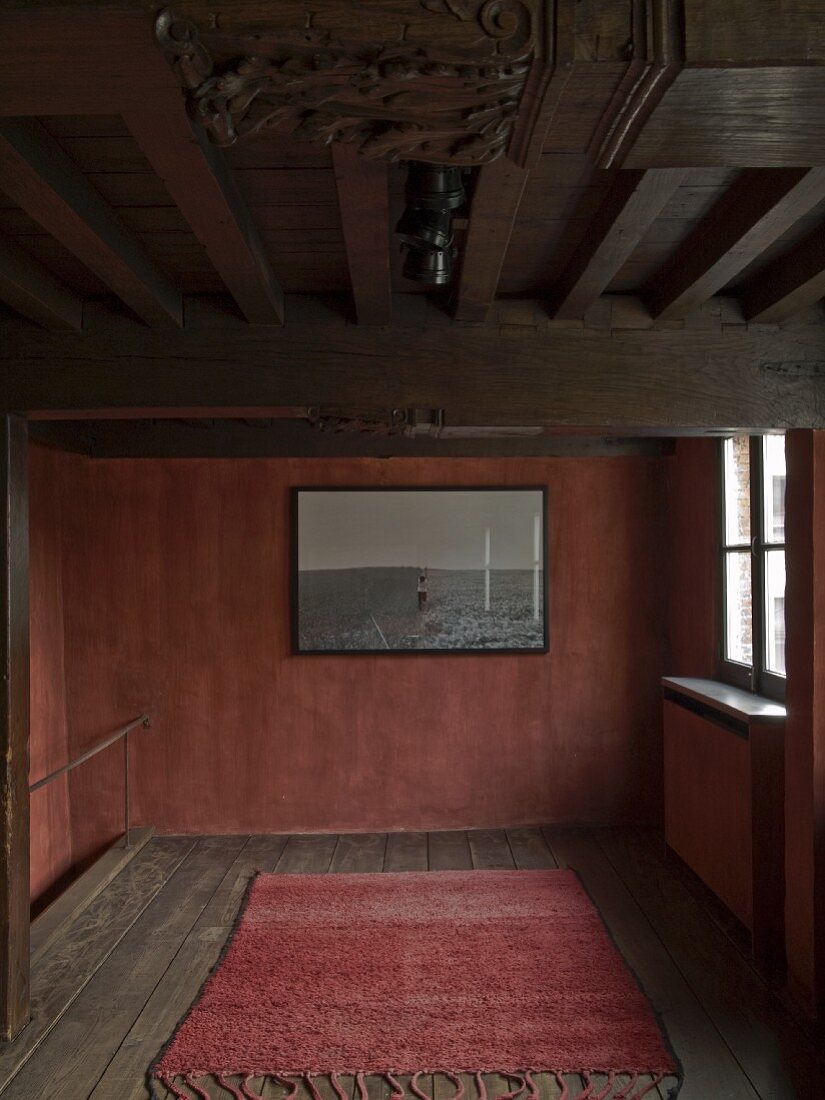 Rug on wooden floor and picture on rusty red wall in minimalist, rusty interior