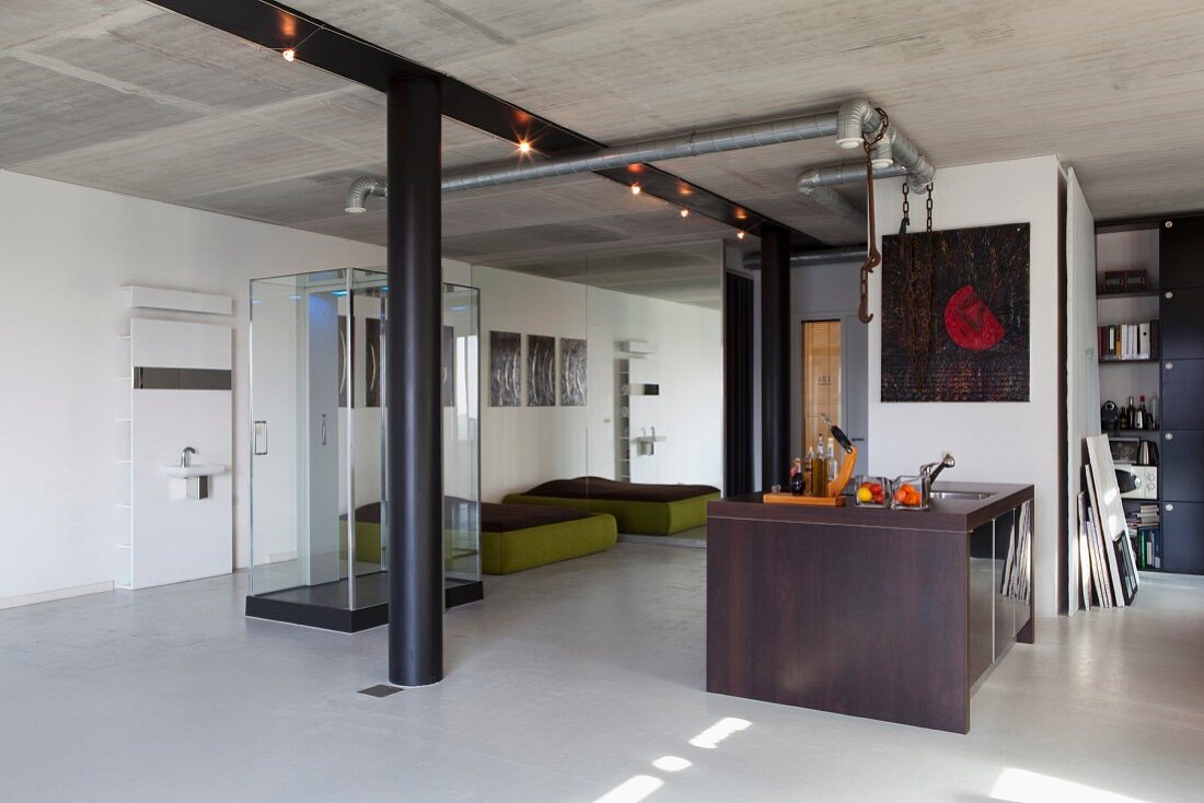 Moderne Kücheninsel gegenüber Glas Duschkabine und Schlafbereich in einer Loft-Wohnung