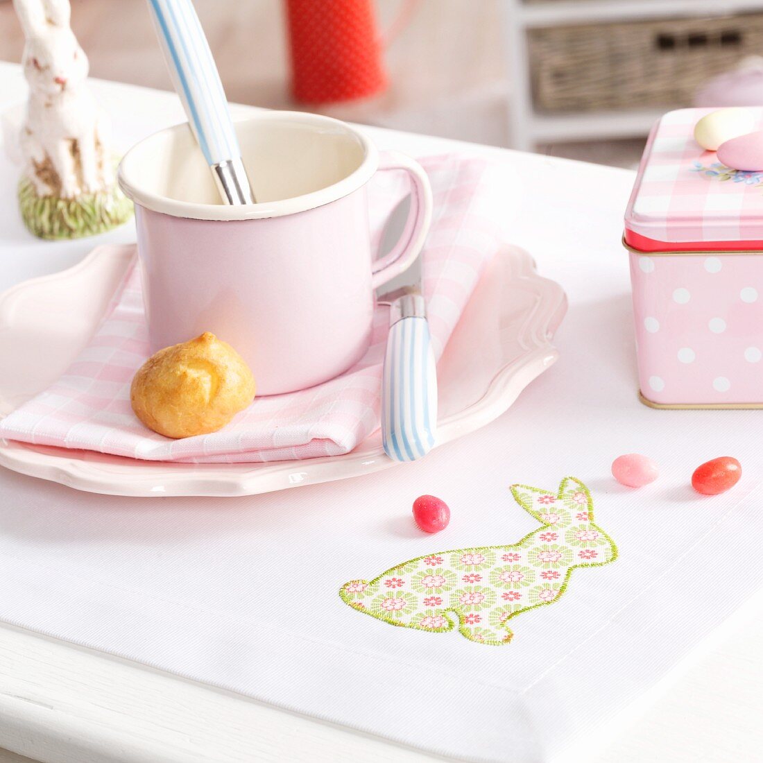 Easter breakfast place setting on place mat with iron-on motif