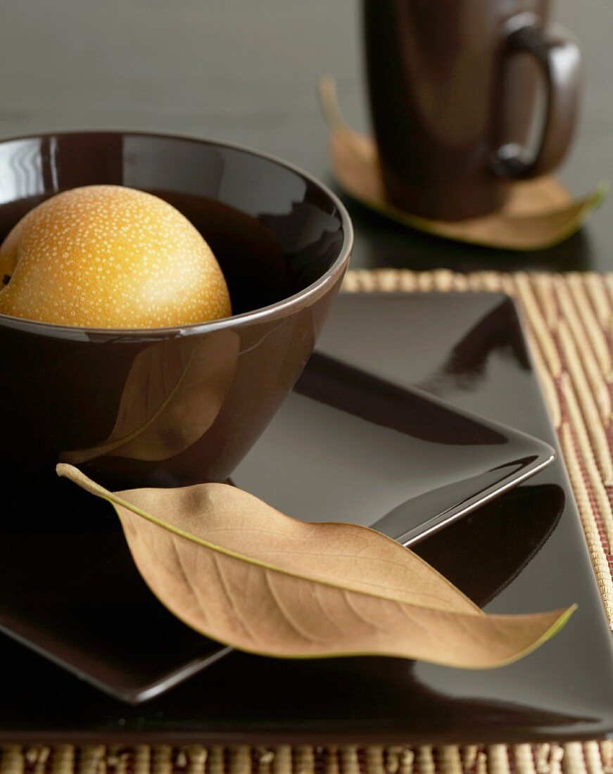 Braunes Gedeck mit Schale auf quadratischen Tellern und Kaffeebecher im Hintergrund, Deko mit trockenen Blättern