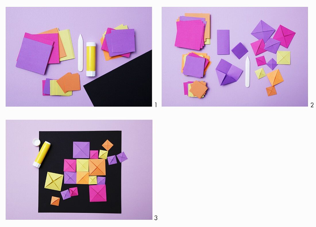 Anleitung zur Herstellung von Deko-Bildern mit 3D-Effekt aus quadratischem Origami-Papier verschiedener Größen und Farben