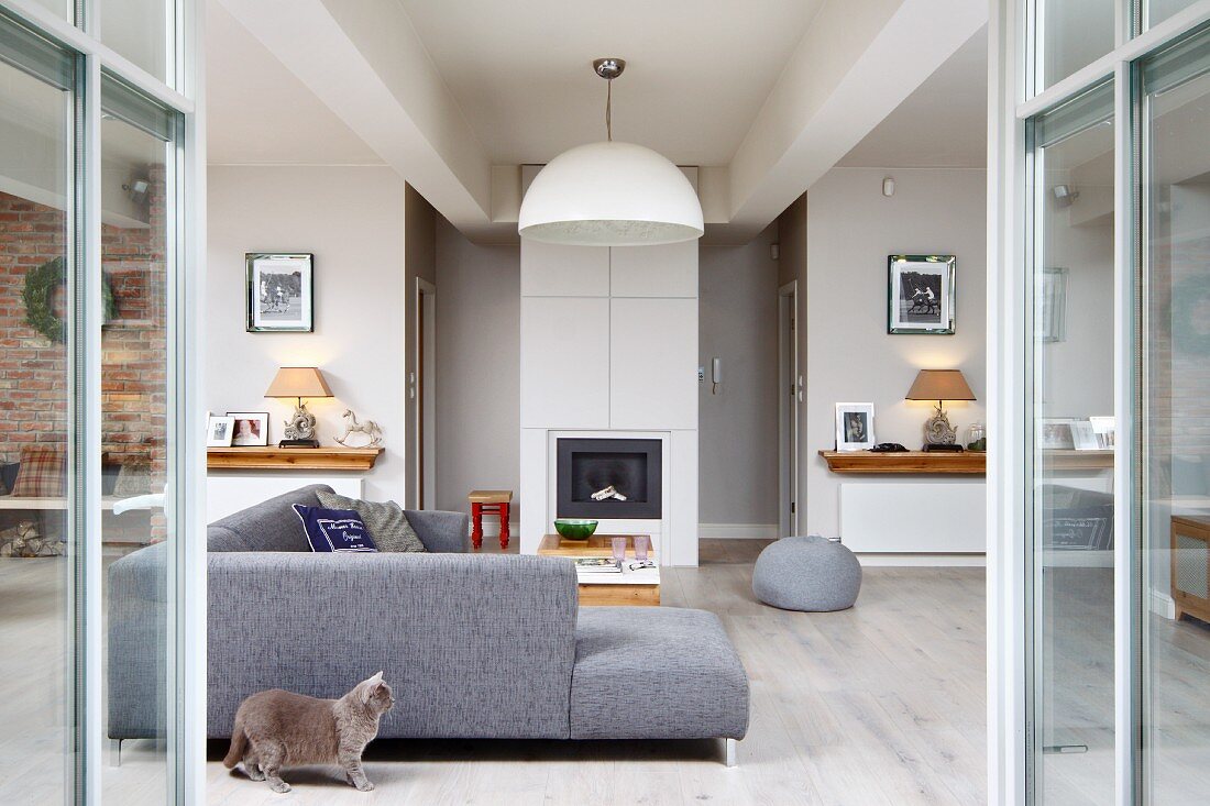 View through open terrace doors to grey corner couch and cat on floor in modern lounge area